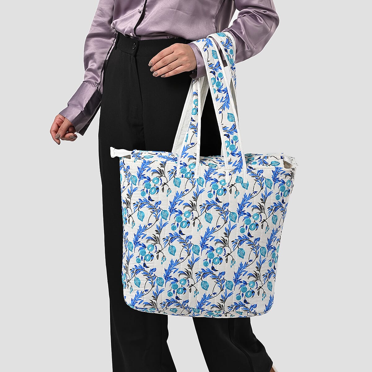 White with Blue Floral Hand Stitched Kantha Cotton Tote Bag image number 2
