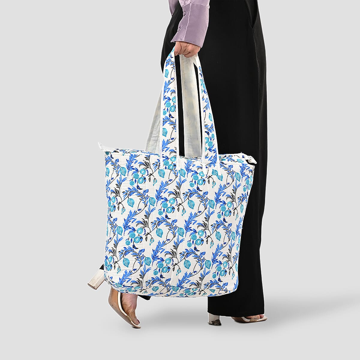 White with Blue Floral Hand Stitched Kantha Cotton Tote Bag image number 3