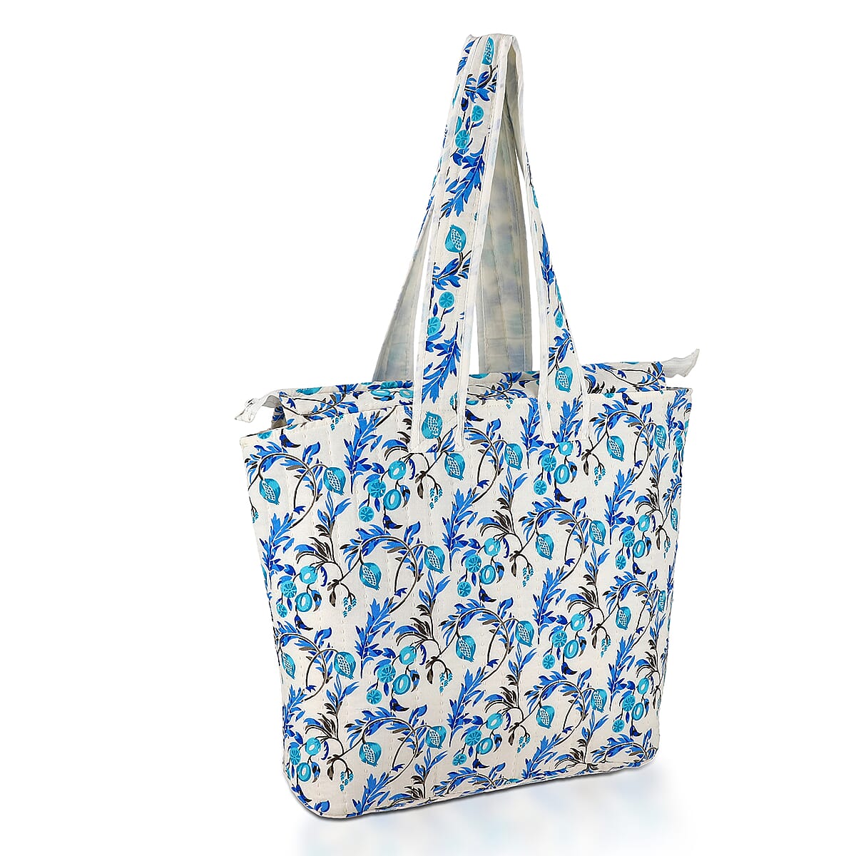 White with Blue Floral Hand Stitched Kantha Cotton Tote Bag image number 4