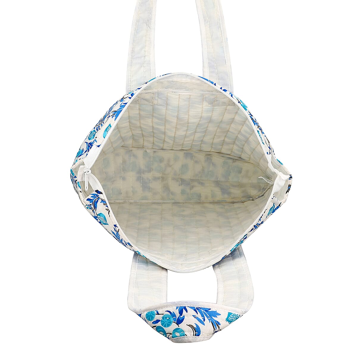 White with Blue Floral Hand Stitched Kantha Cotton Tote Bag image number 6