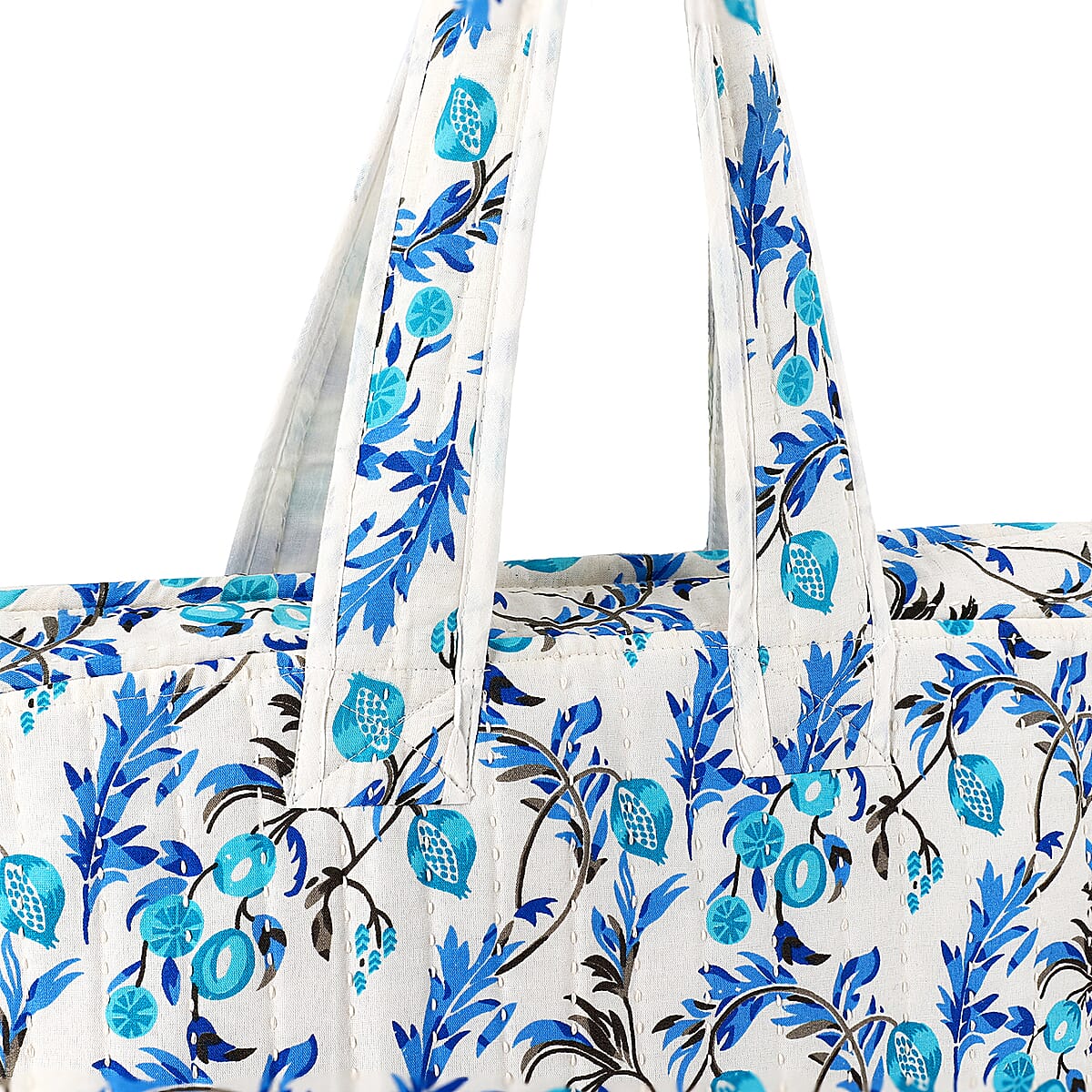 White with Blue Floral Hand Stitched Kantha Cotton Tote Bag image number 7