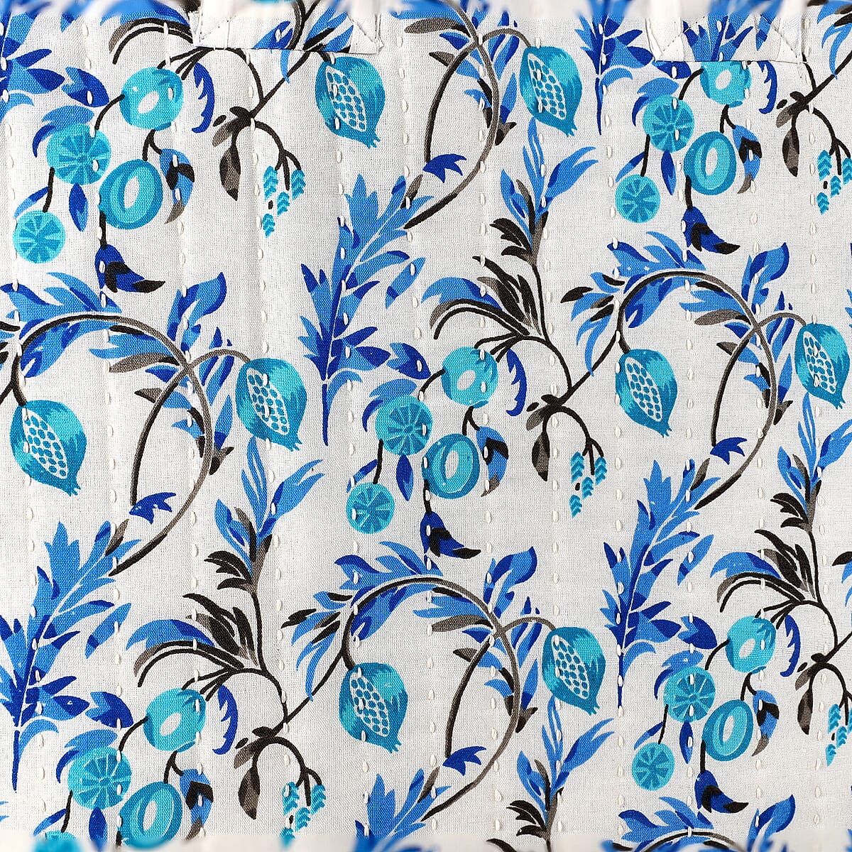 White with Blue Floral Hand Stitched Kantha Cotton Tote Bag image number 8