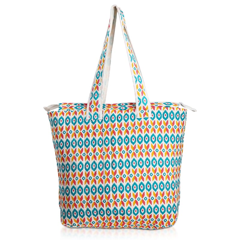 White Ikat Pattern Hand Stitched Kantha Cotton Tote Bag