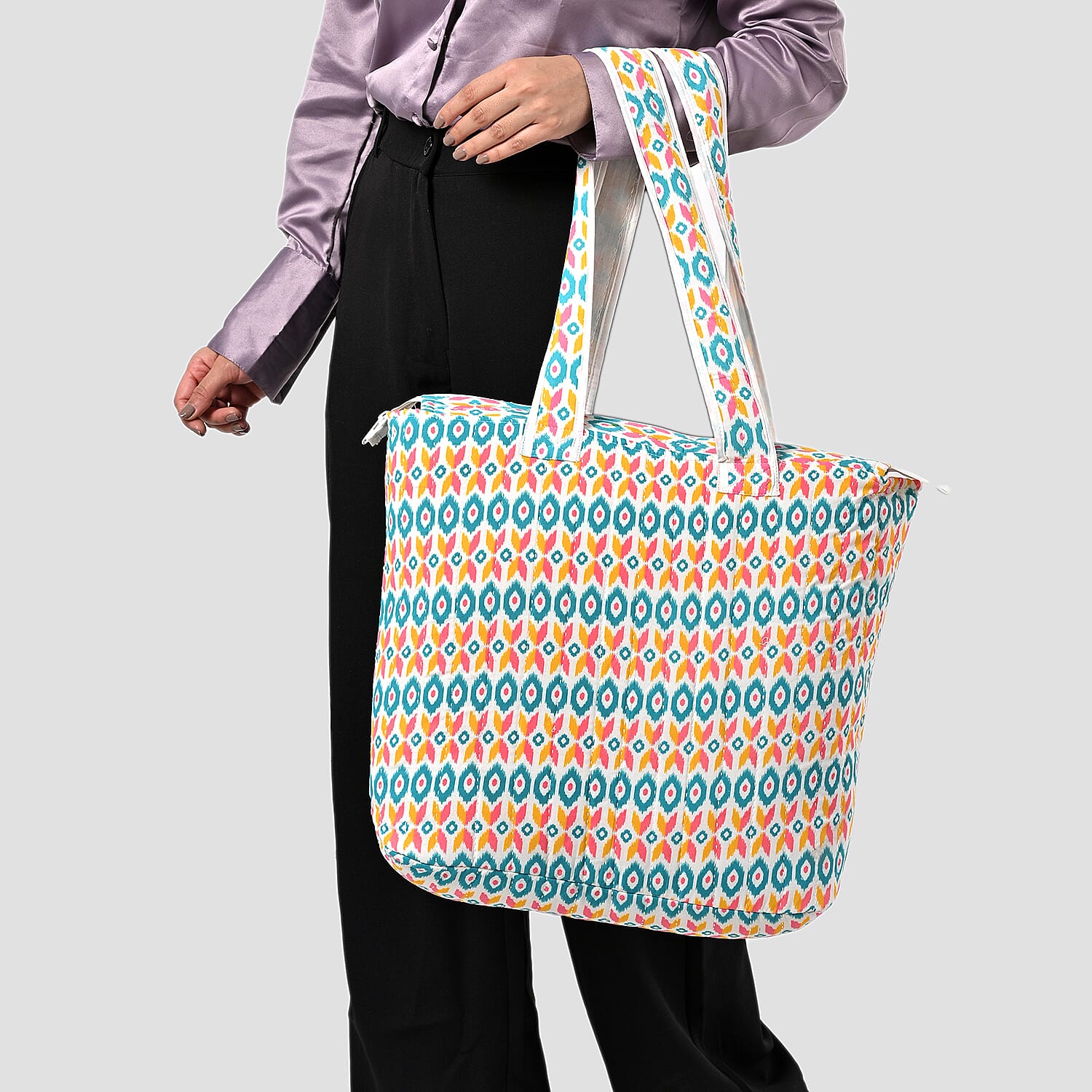 White Ikat Pattern Hand Stitched Kantha Cotton Tote Bag