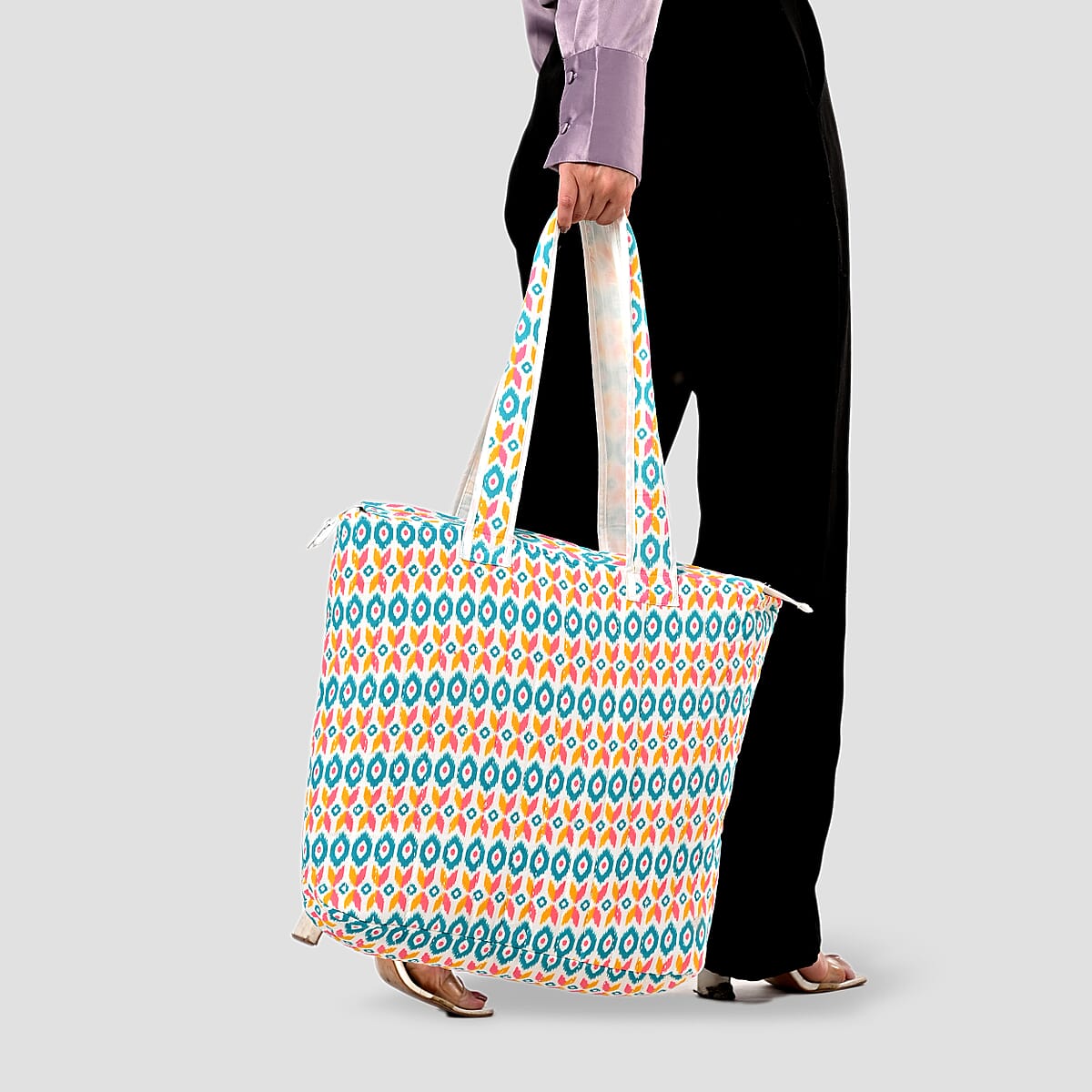 White Ikat Pattern Hand Stitched Kantha Cotton Tote Bag image number 3