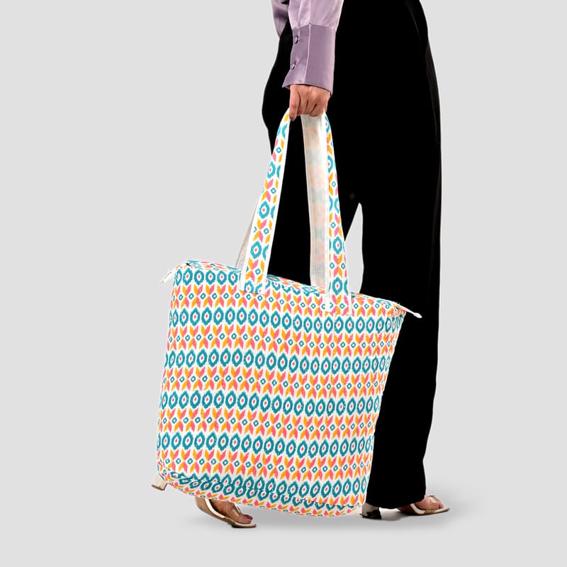 White Ikat Pattern Hand Stitched Kantha Cotton Tote Bag
