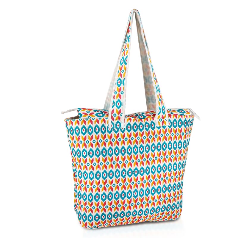 White Ikat Pattern Hand Stitched Kantha Cotton Tote Bag