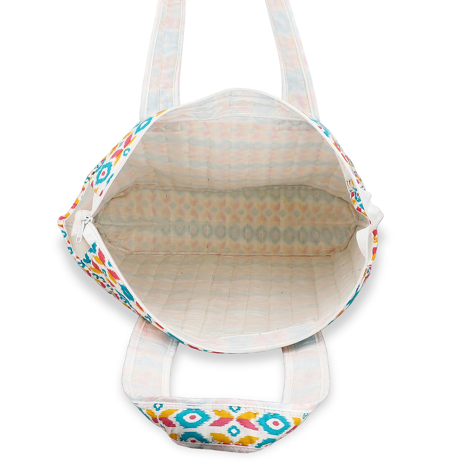 White Ikat Pattern Hand Stitched Kantha Cotton Tote Bag