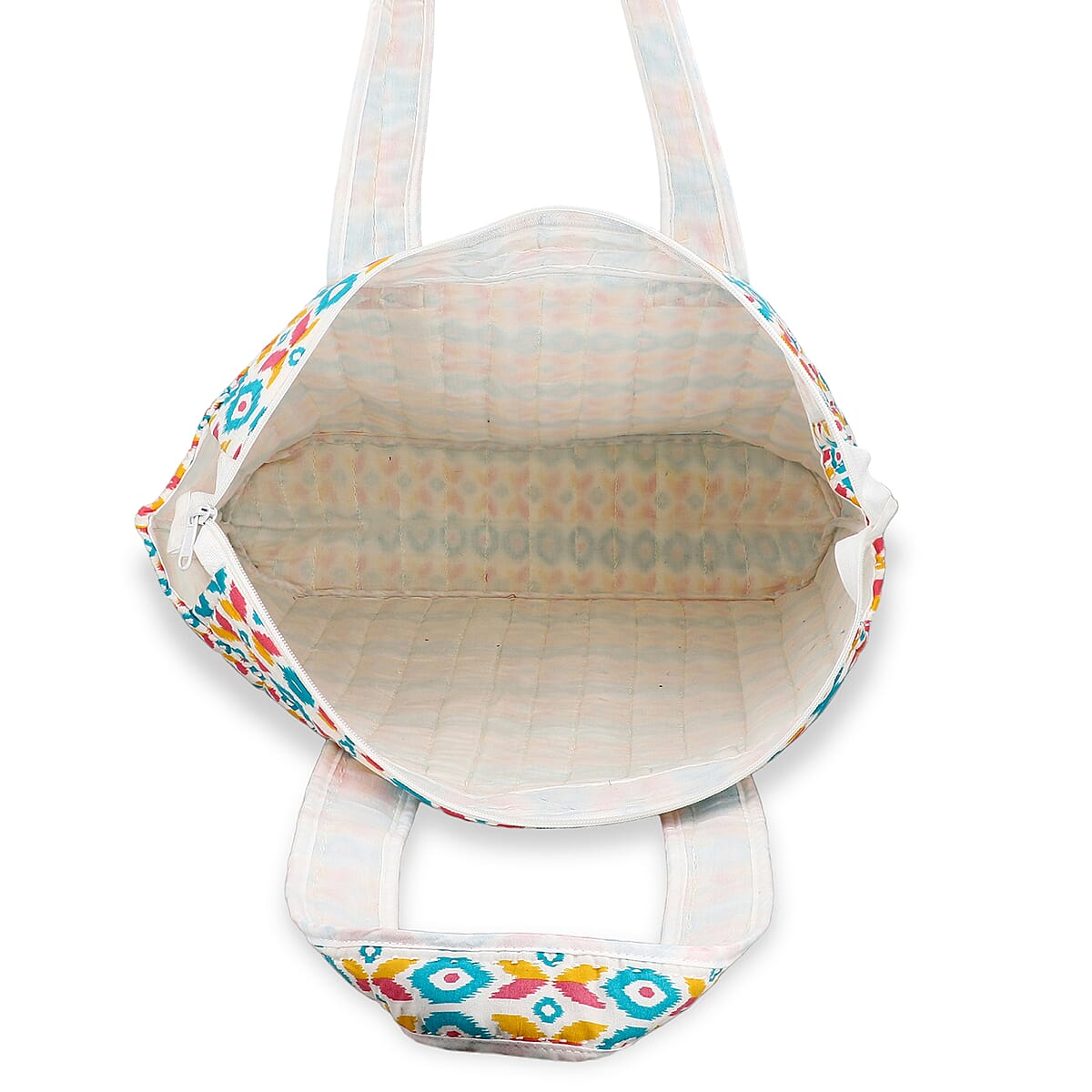 White Ikat Pattern Hand Stitched Kantha Cotton Tote Bag image number 6