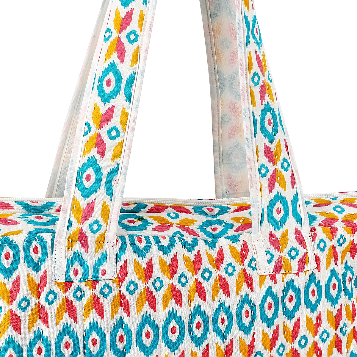 White Ikat Pattern Hand Stitched Kantha Cotton Tote Bag image number 7