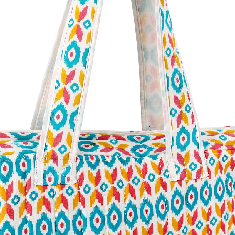 White Ikat Pattern Hand Stitched Kantha Cotton Tote Bag