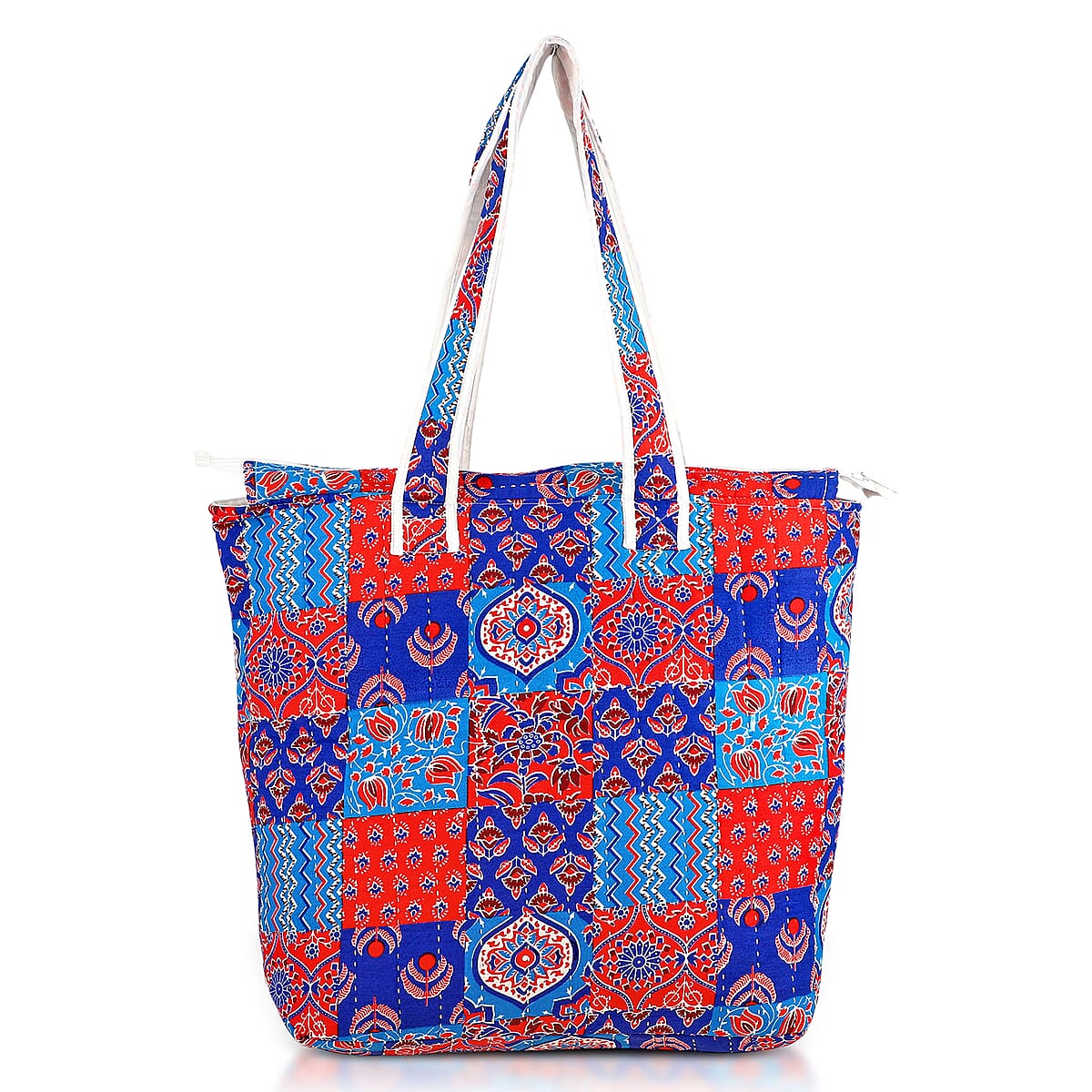 Multi Color Block Pattern Hand Stitched Kantha Cotton Tote Bag image number 0