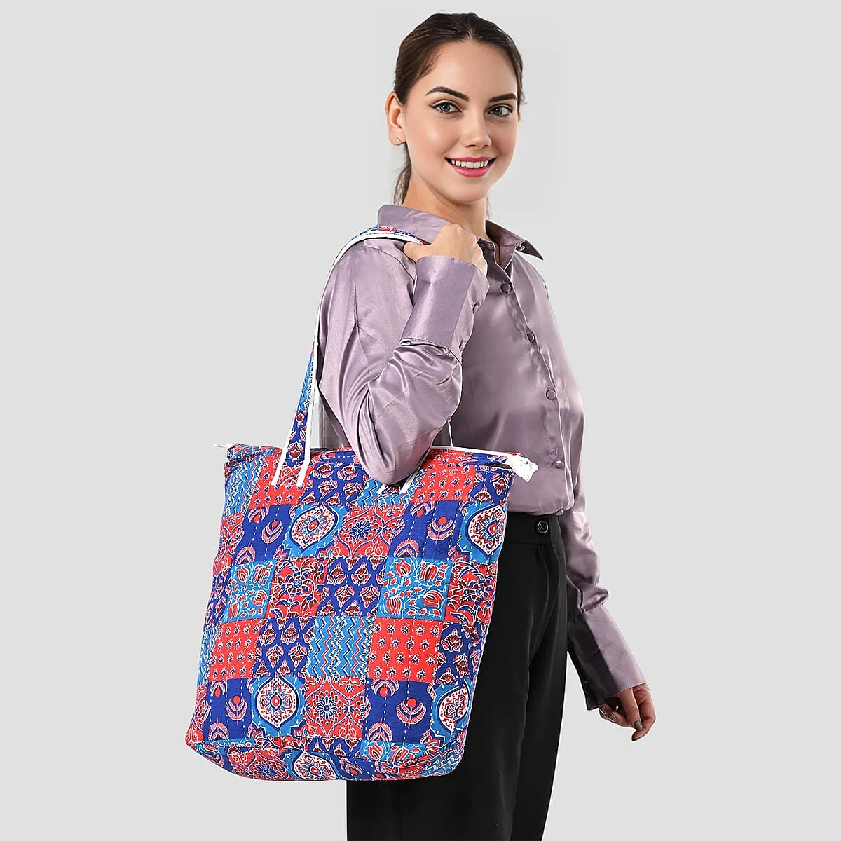 Multi Color Block Pattern Hand Stitched Kantha Cotton Tote Bag image number 1