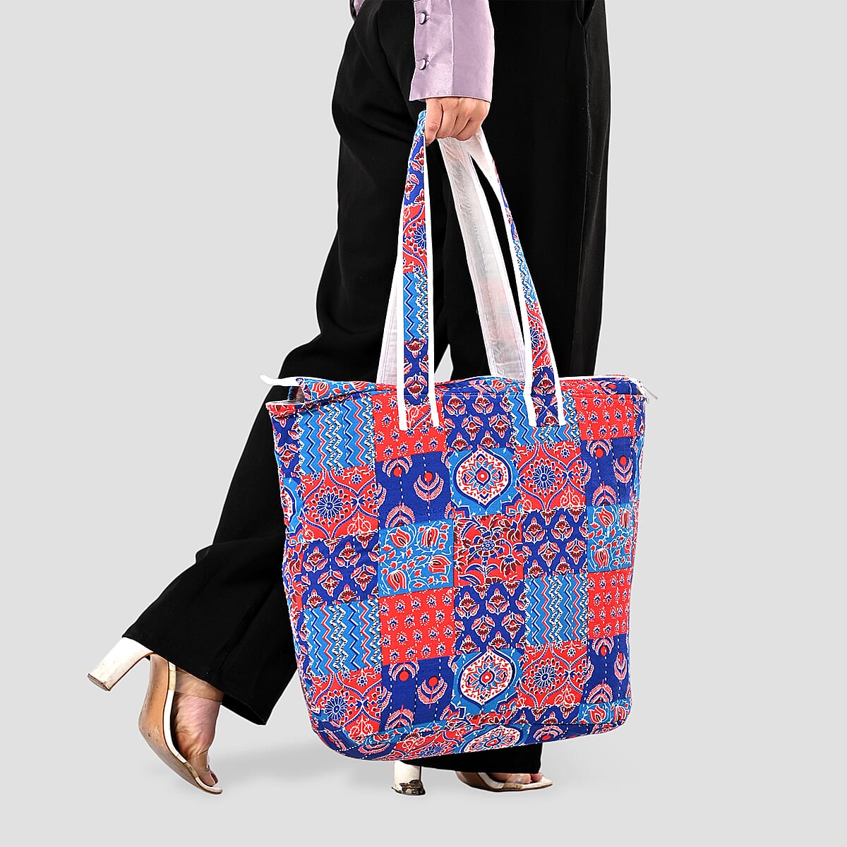 Multi Color Block Pattern Hand Stitched Kantha Cotton Tote Bag image number 3