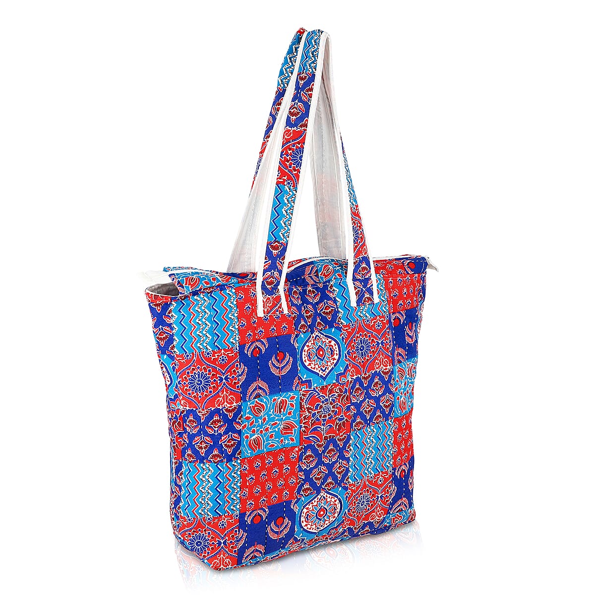 Multi Color Block Pattern Hand Stitched Kantha Cotton Tote Bag image number 4