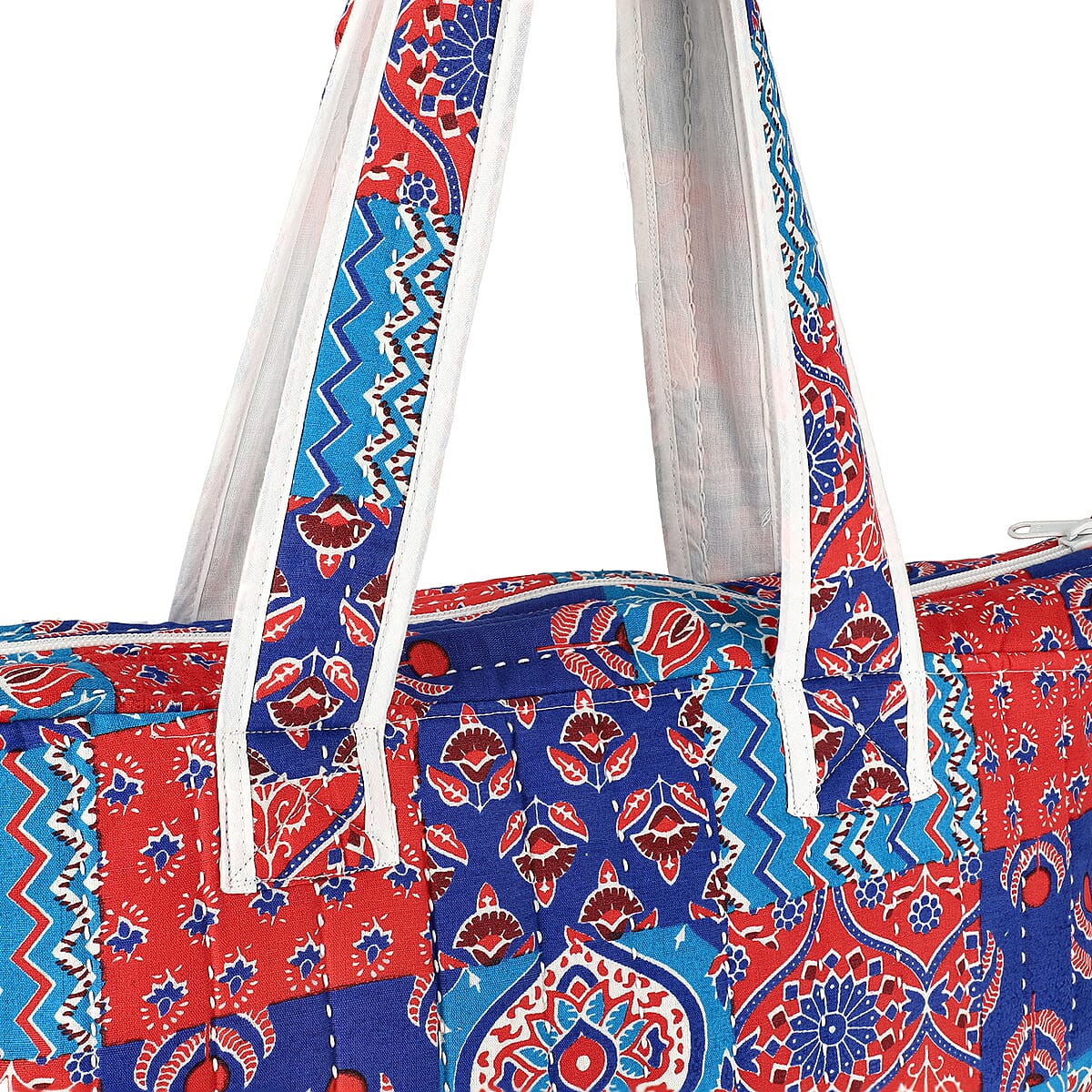 Multi Color Block Pattern Hand Stitched Kantha Cotton Tote Bag image number 7
