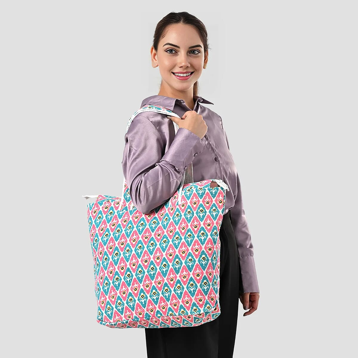 Multi Color Ikat Pattern Hand Stitched Kantha Cotton Tote Bag image number 1