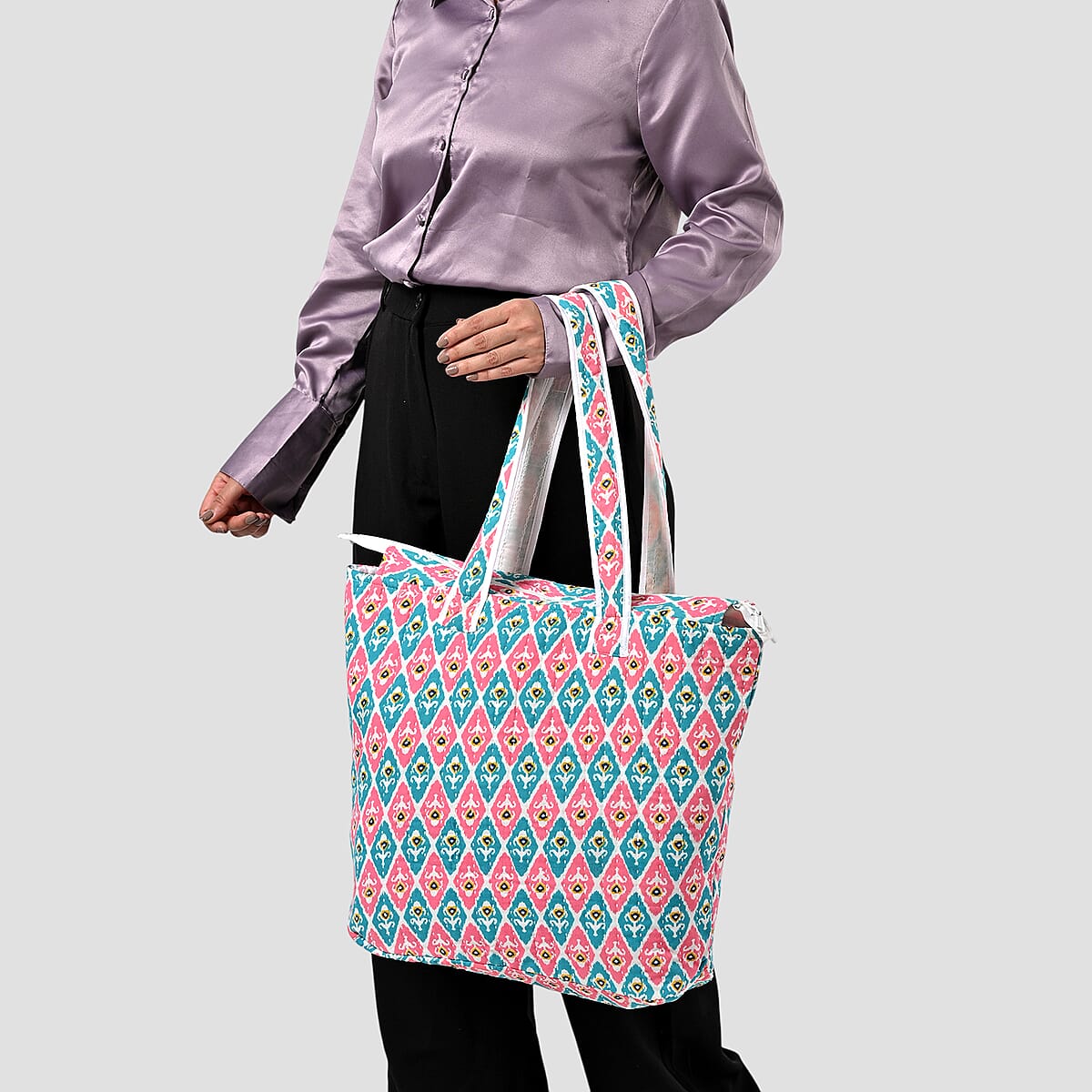 Multi Color Ikat Pattern Hand Stitched Kantha Cotton Tote Bag image number 2