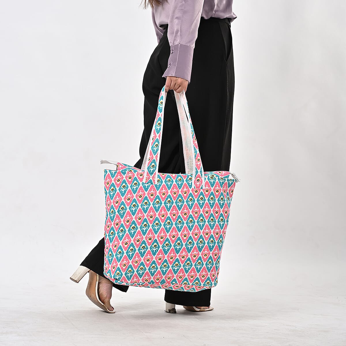 Multi Color Ikat Pattern Hand Stitched Kantha Cotton Tote Bag image number 3