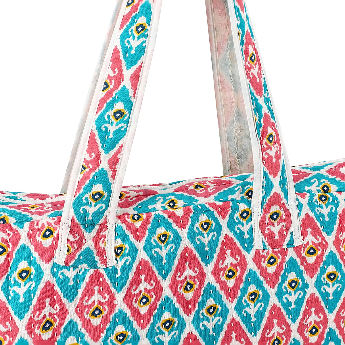 Multi Color Ikat Pattern Hand Stitched Kantha Cotton Tote Bag image number 7
