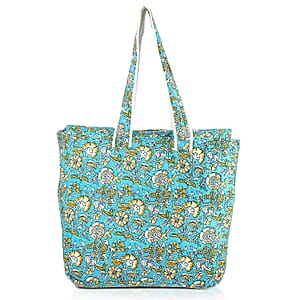 Blue Floral and Leaves Pattern Hand Stitched Kantha Cotton Tote Bag