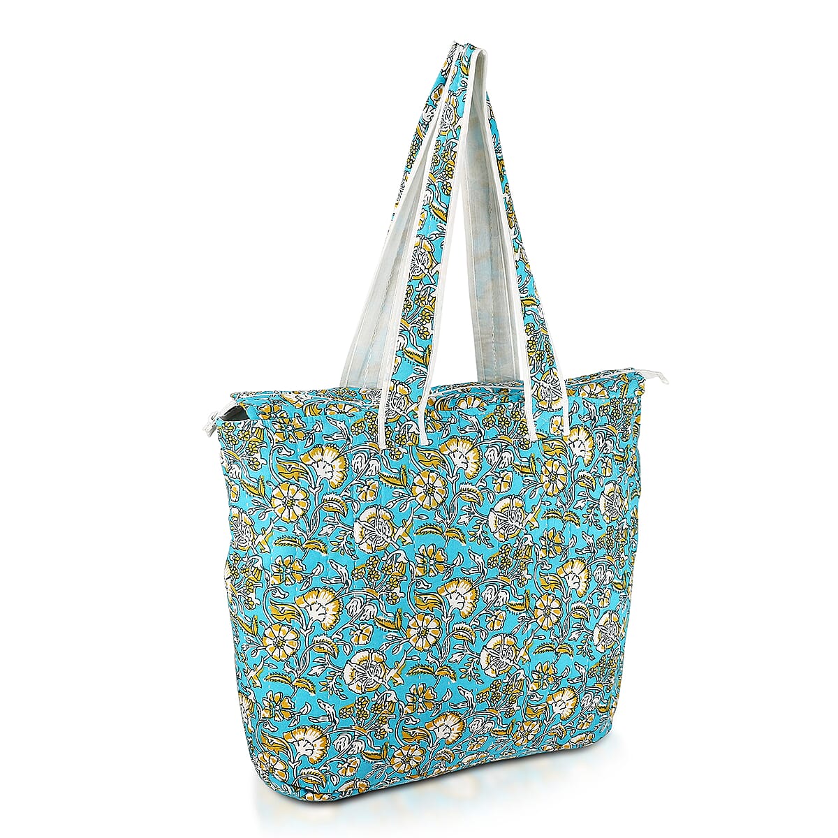 Blue Floral and Leaves Pattern Hand Stitched Kantha Cotton Tote Bag image number 4