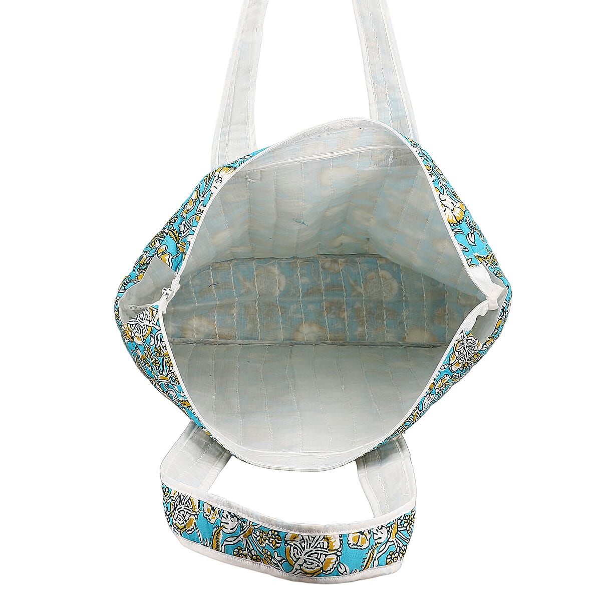 Blue Floral and Leaves Pattern Hand Stitched Kantha Cotton Tote Bag image number 6