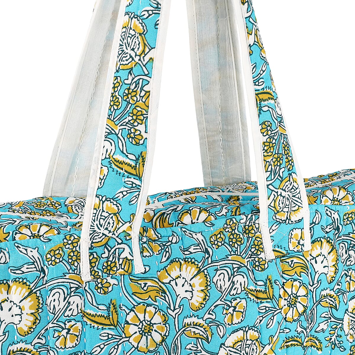 Blue Floral and Leaves Pattern Hand Stitched Kantha Cotton Tote Bag image number 7