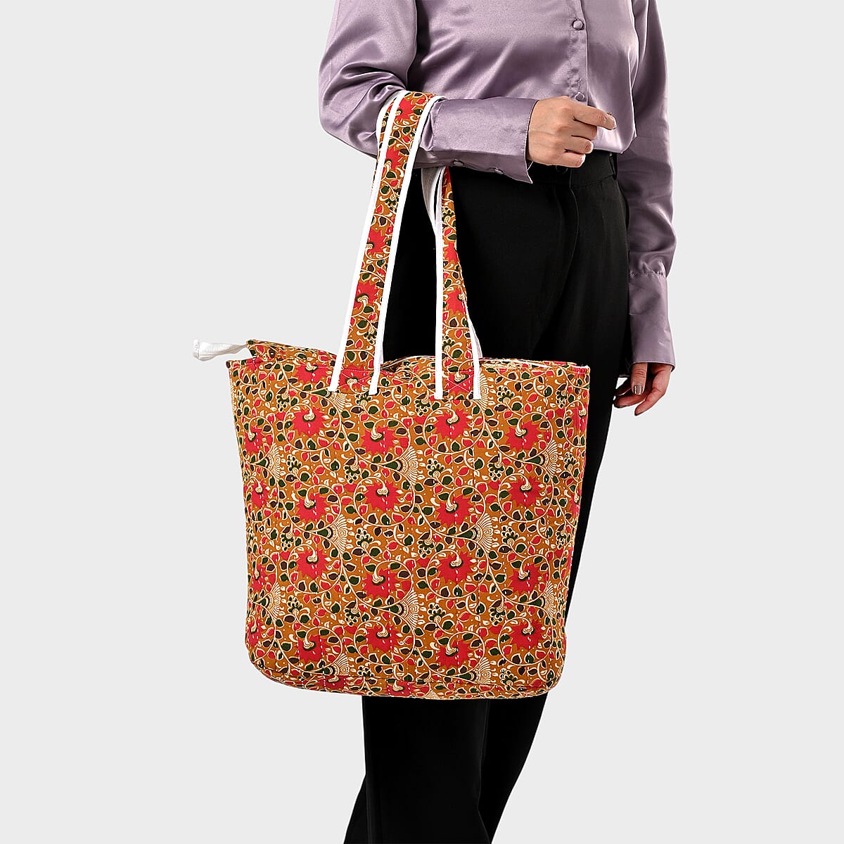 Red Natural Vine Pattern Hand Stitched Kantha Cotton Tote Bag image number 2
