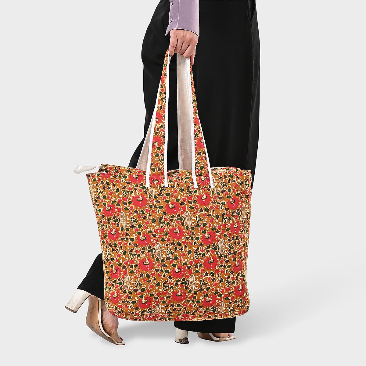 Red Natural Vine Pattern Hand Stitched Kantha Cotton Tote Bag image number 3