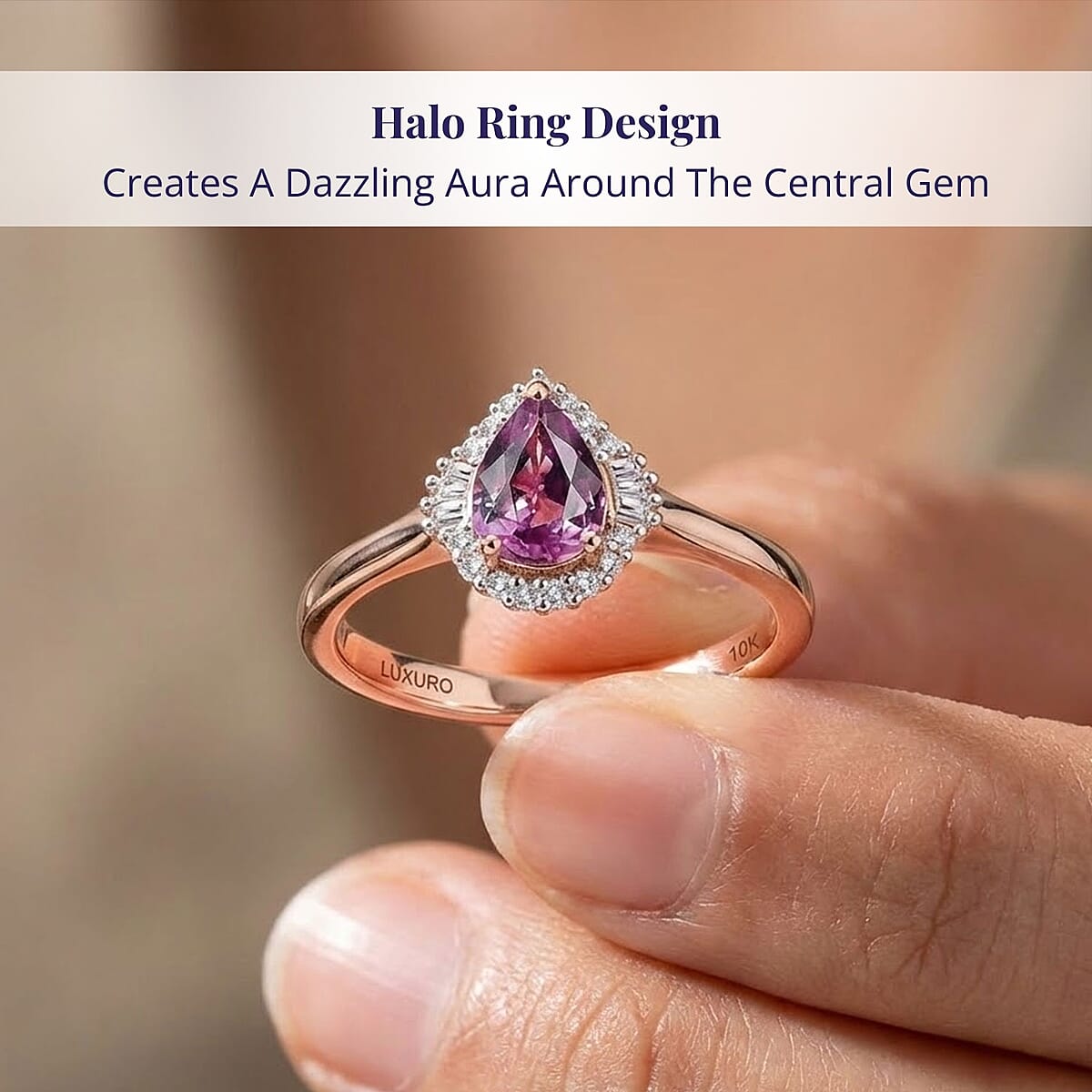 Luxoro AAA Madagascar Purple Sapphire, Diamond Halo Ring in 10K Rose Gold 0.90 ctw (Size 11.5) image number 4