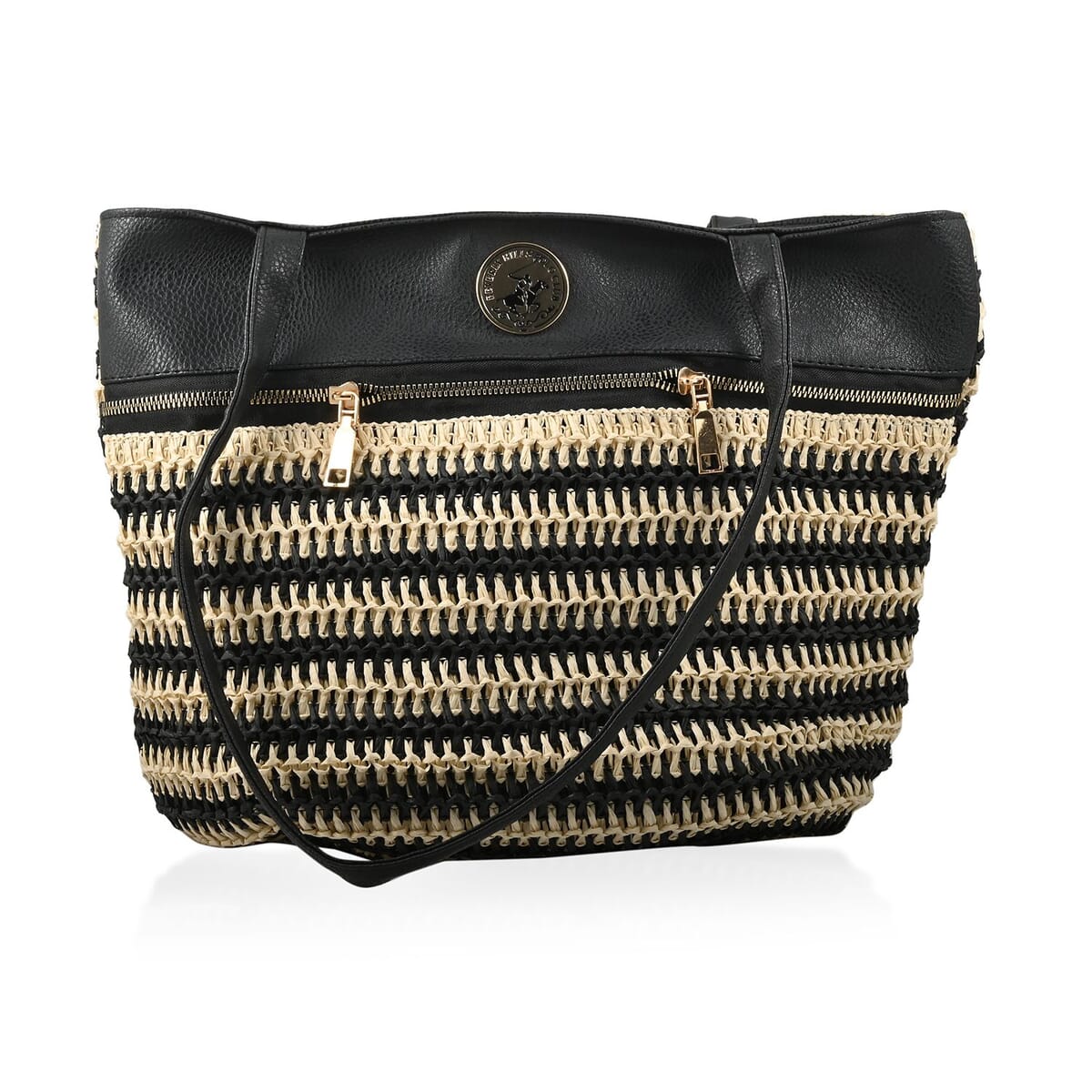 Beverly Hills Polo Club Black  Faux Leather & Straw Shoulder Bag image number 0