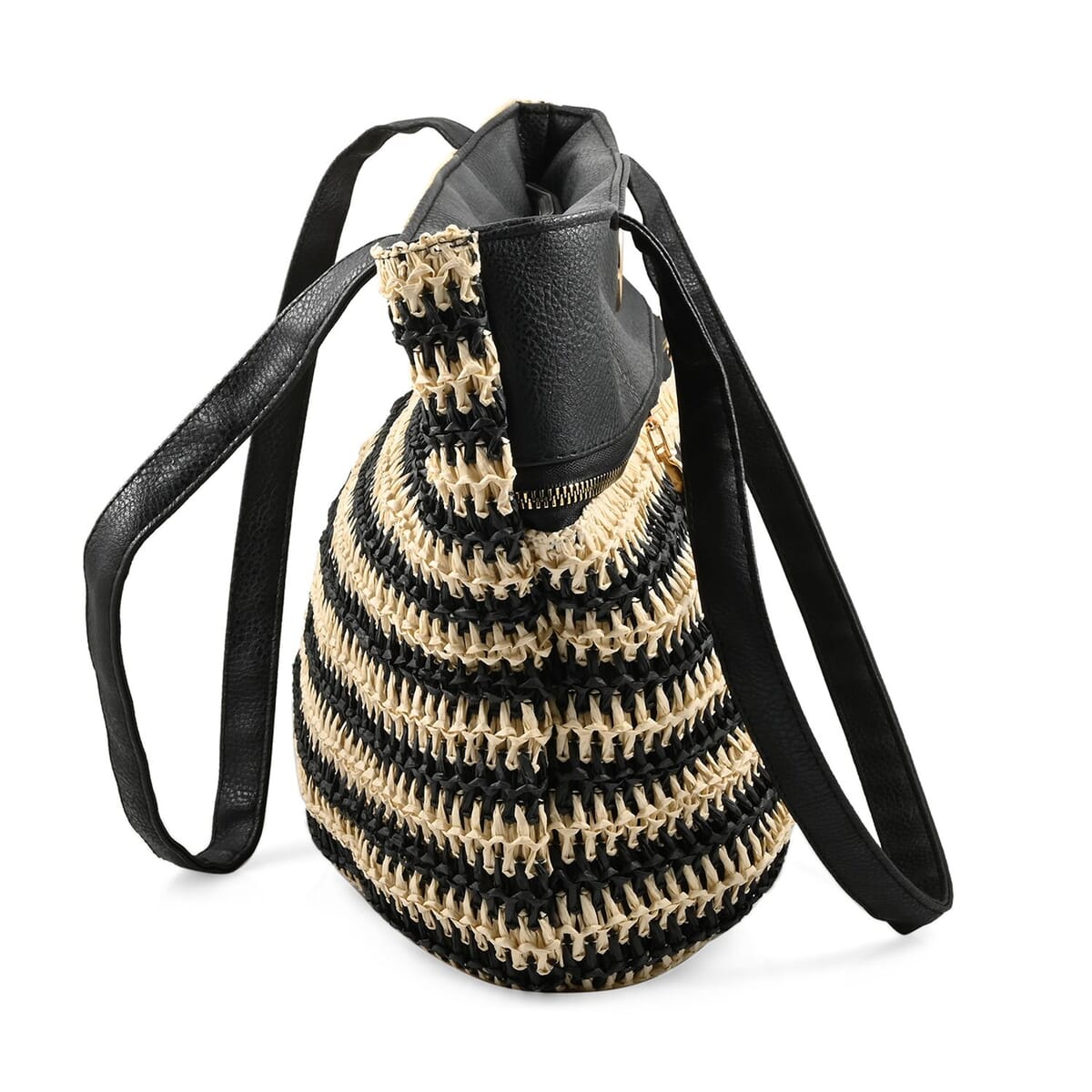 Beverly Hills Polo Club Black  Faux Leather & Straw Shoulder Bag image number 1