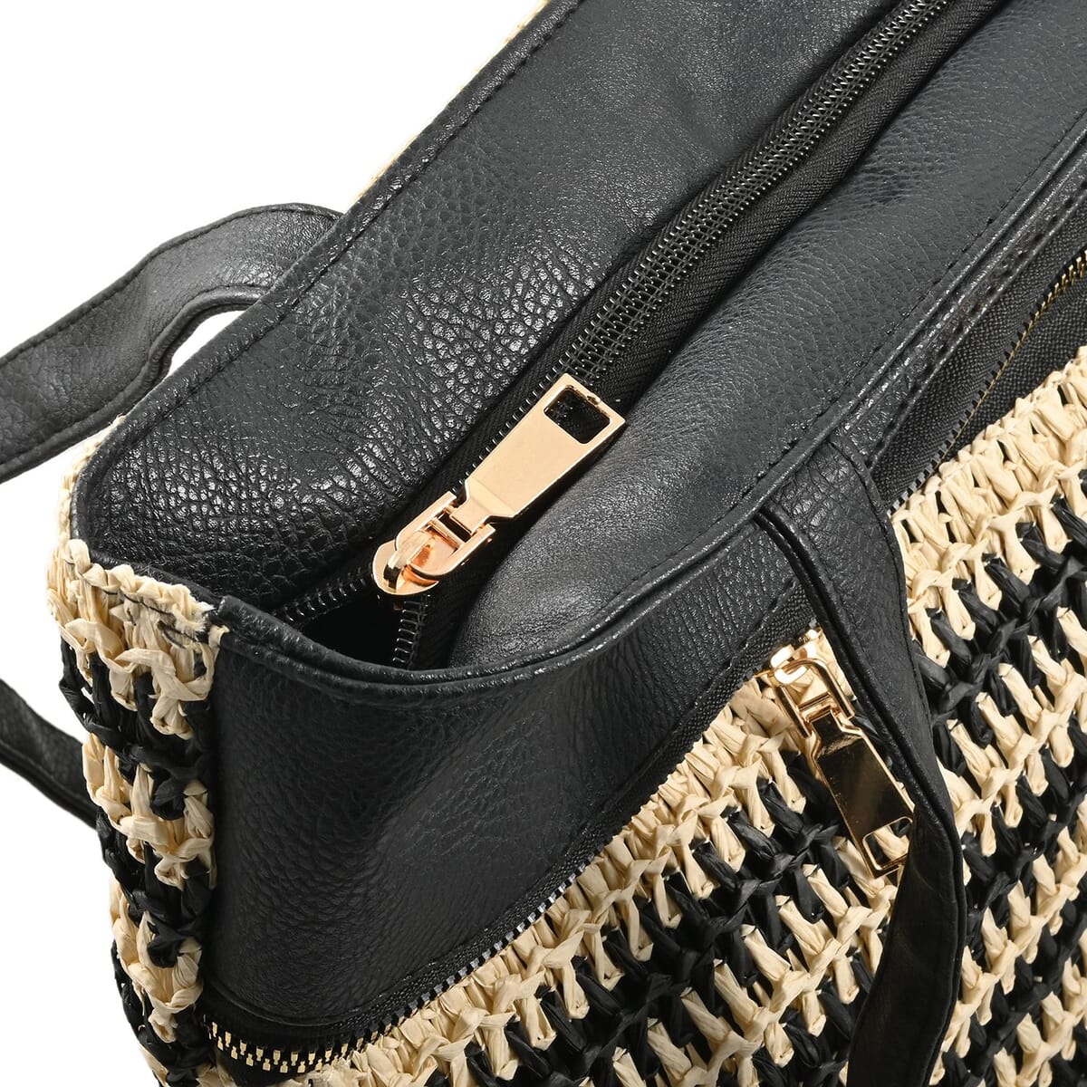 Beverly Hills Polo Club Black  Faux Leather & Straw Shoulder Bag image number 3