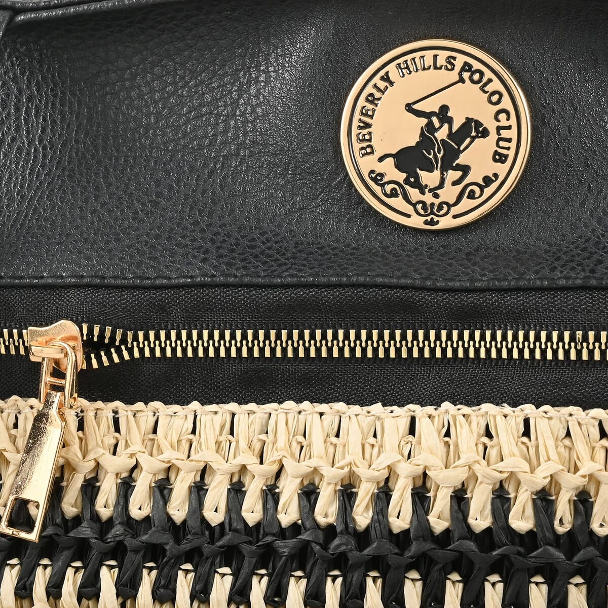 Beverly Hills Polo Club Black  Faux Leather & Straw Shoulder Bag image number 4