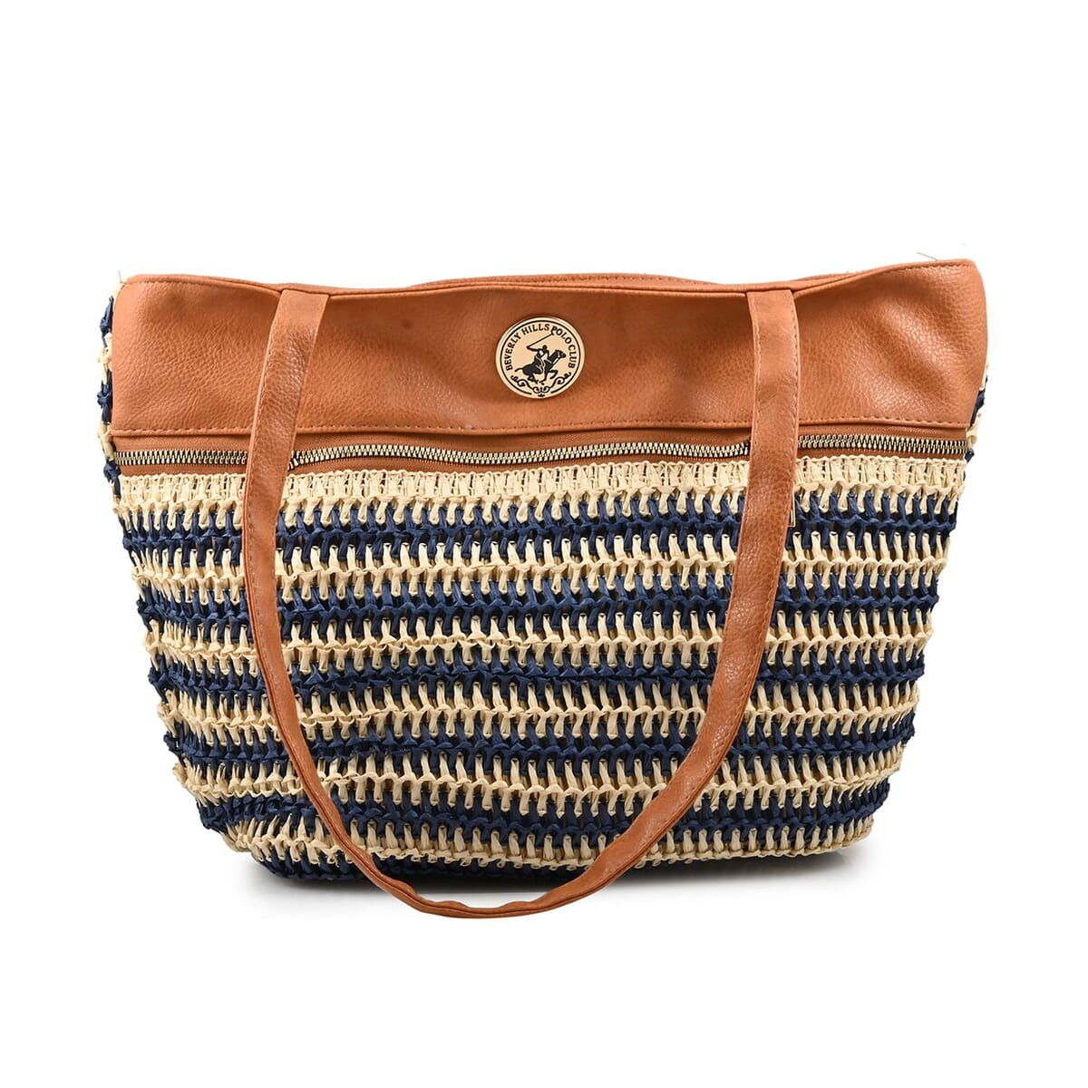 Beverly Hills Polo Club Tan & Navy Blue Faux Leather & Straw Shoulder Bag image number 0