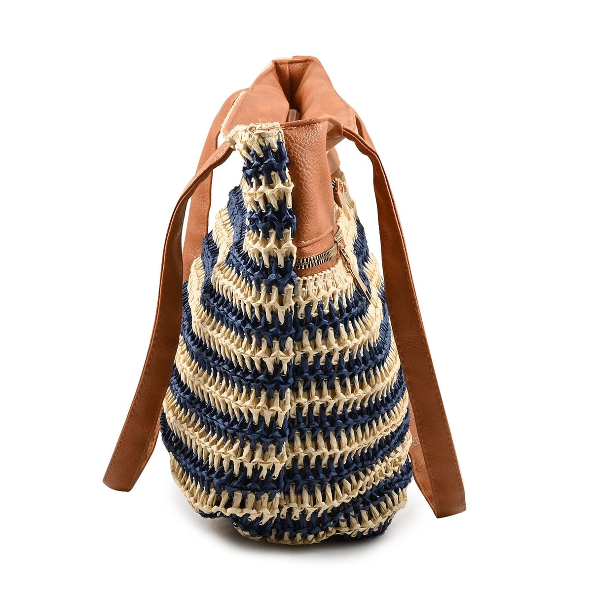 Beverly Hills Polo Club Tan & Navy Blue Faux Leather & Straw Shoulder Bag image number 1