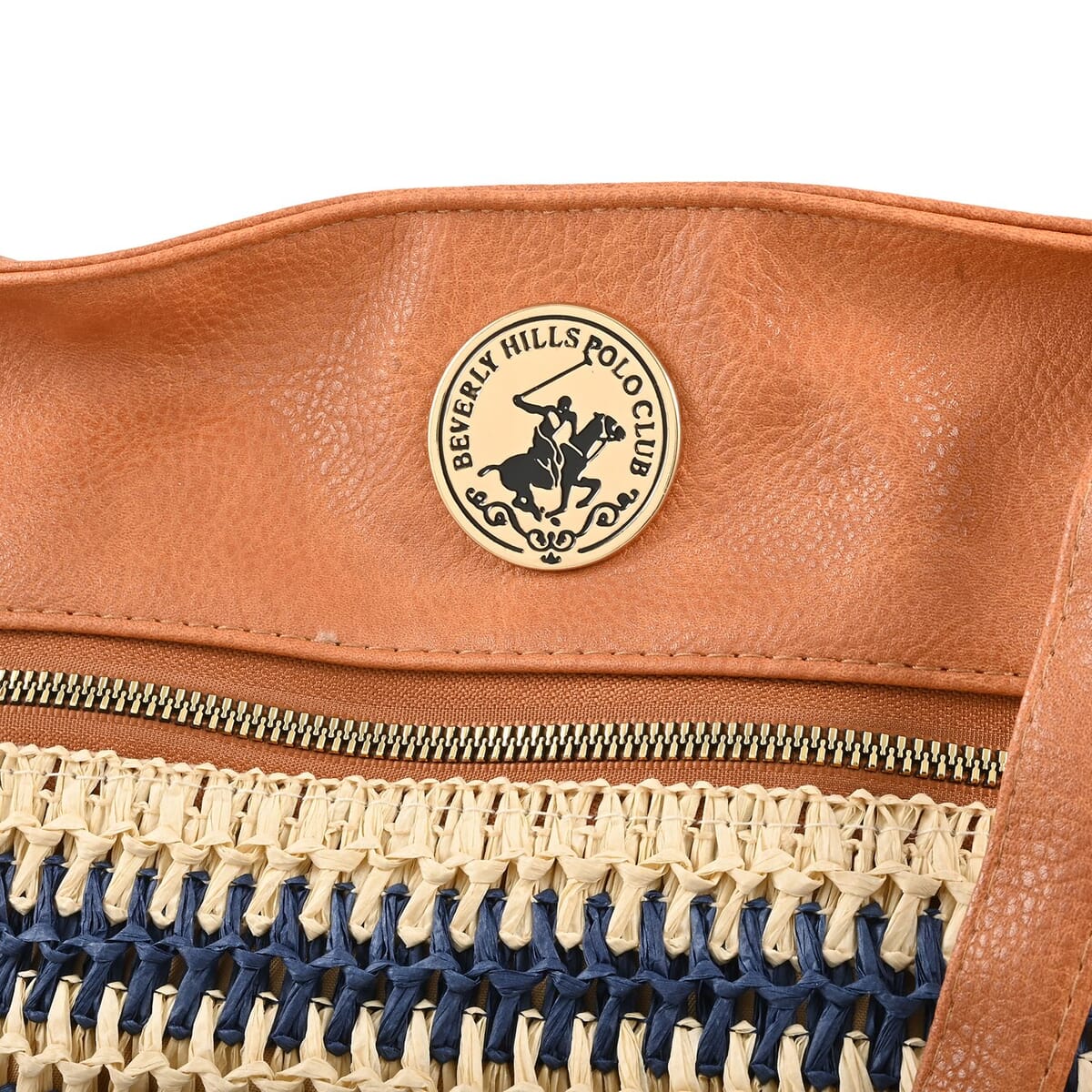 Beverly Hills Polo Club Tan & Navy Blue Faux Leather & Straw Shoulder Bag image number 3
