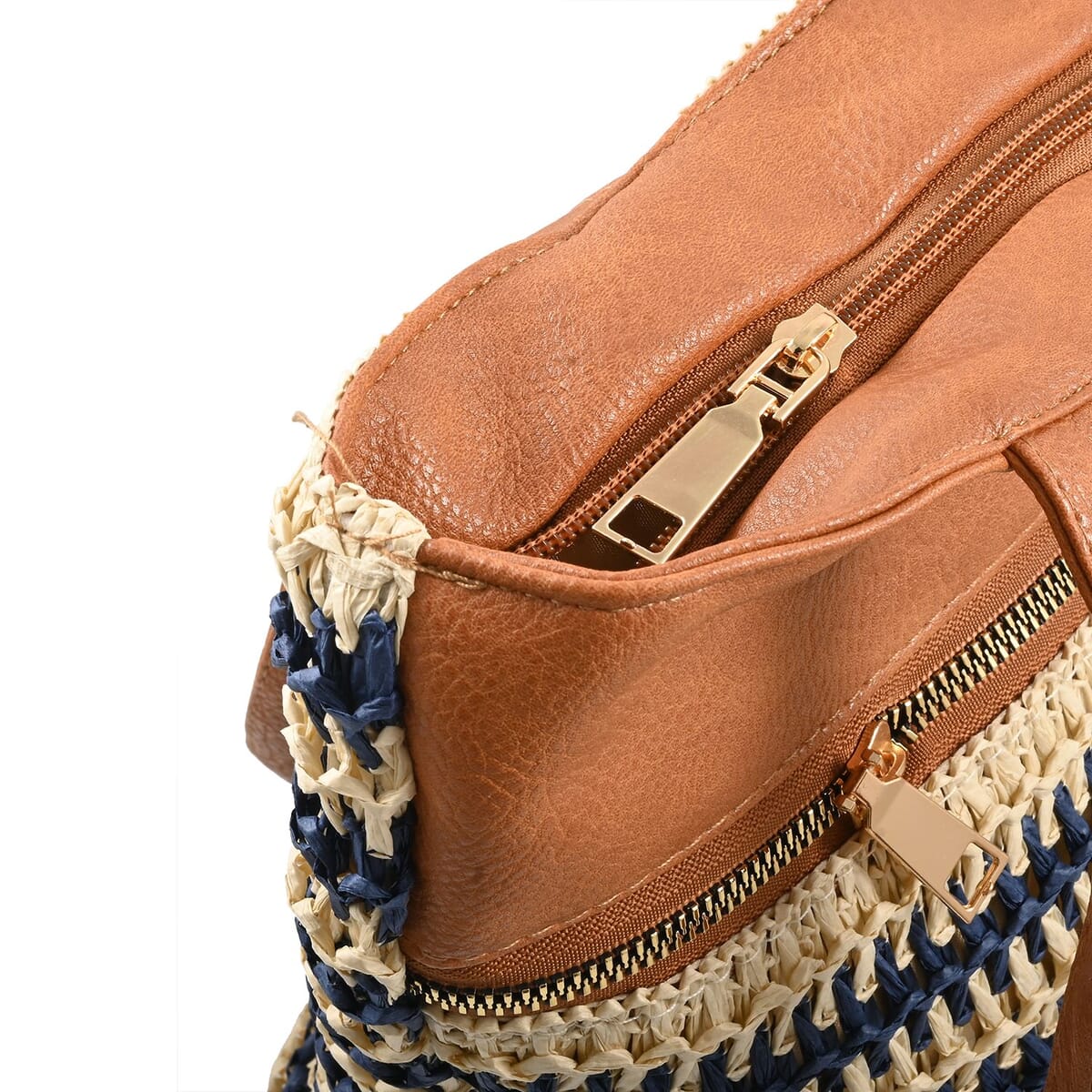 Beverly Hills Polo Club Tan & Navy Blue Faux Leather & Straw Shoulder Bag image number 4