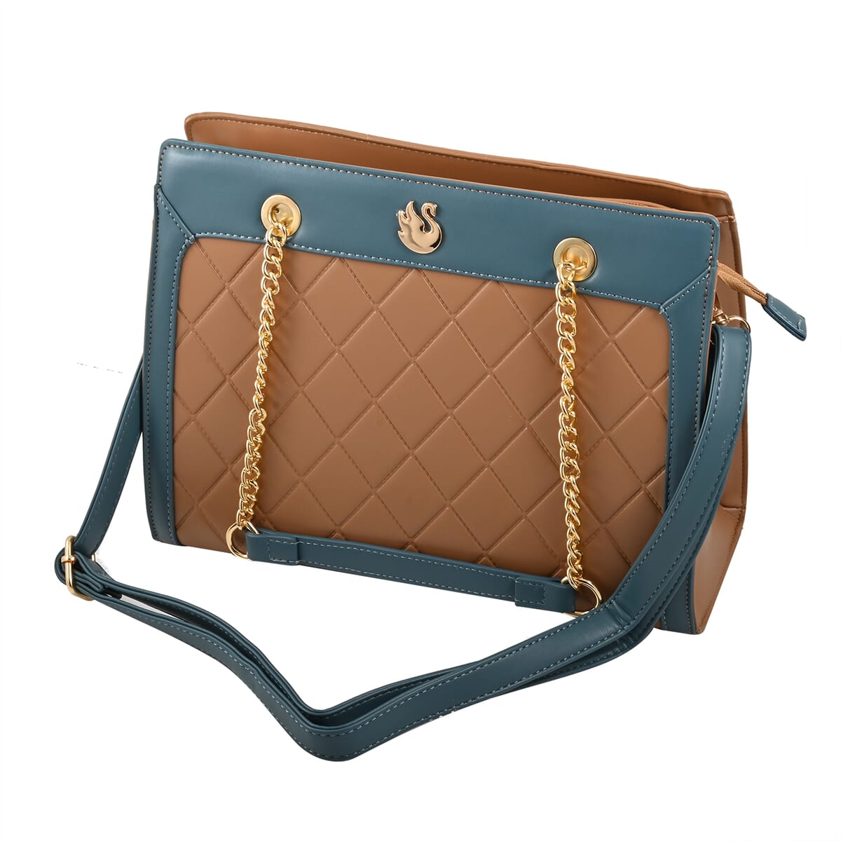 Gloria Vanderbilt Blue & Beige Faux Leather Satchel Bag with Chain Strap image number 2