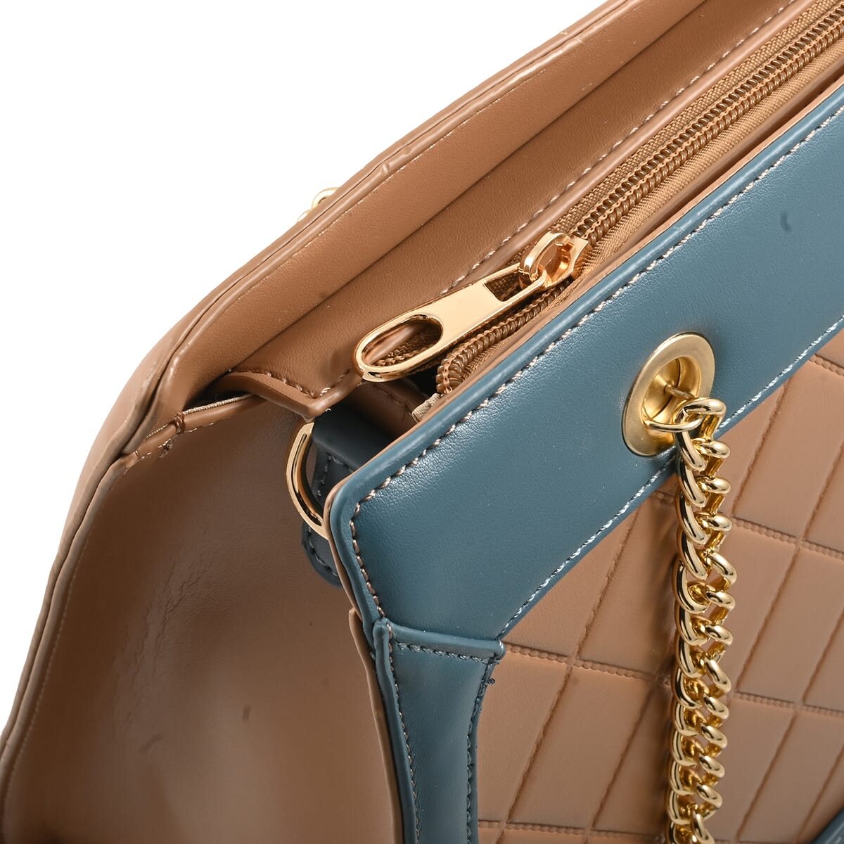 Gloria Vanderbilt Blue & Beige Faux Leather Satchel Bag with Chain Strap image number 5