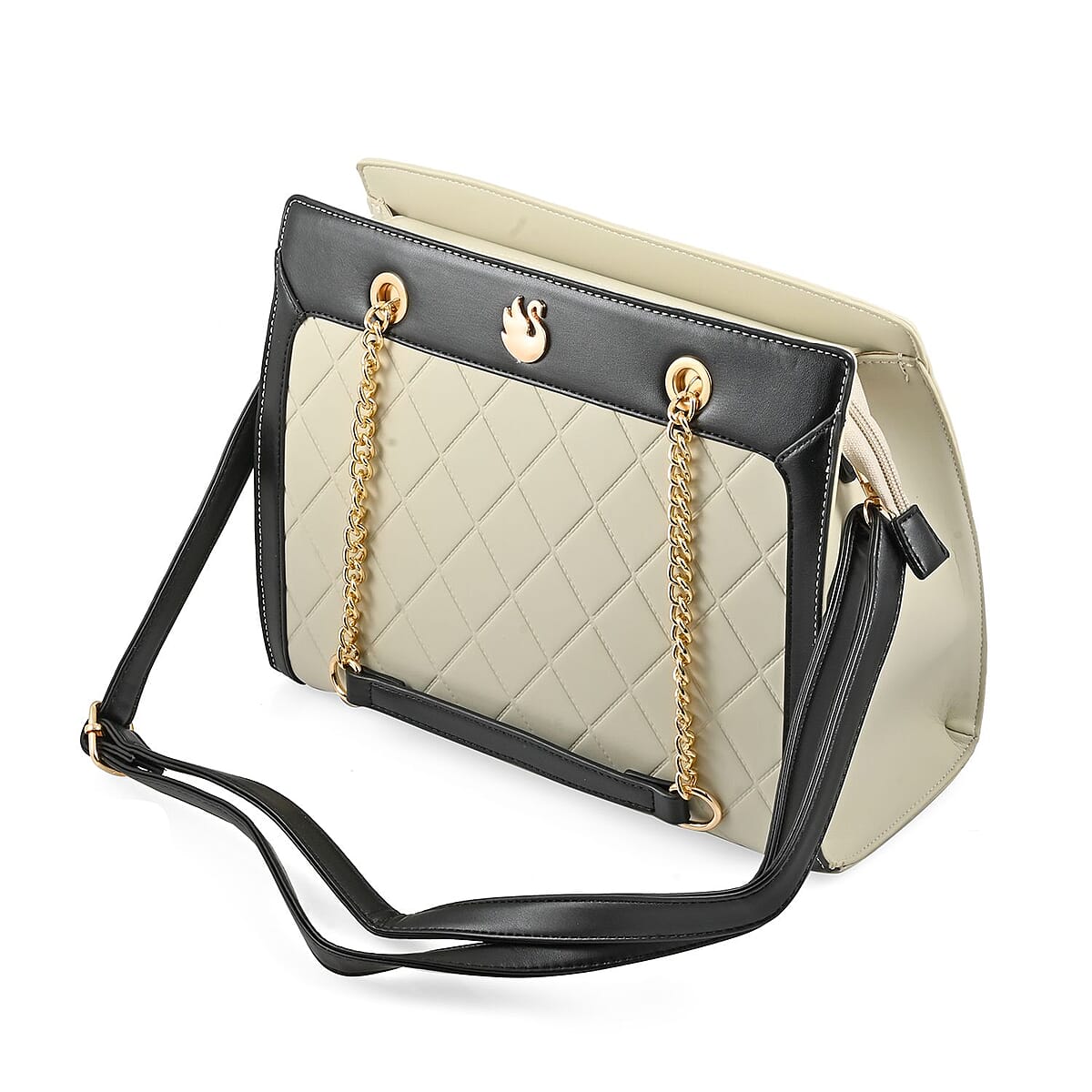 Gloria Vanderbilt Black & White Faux Leather Satchel Bag with Chain Strap image number 1