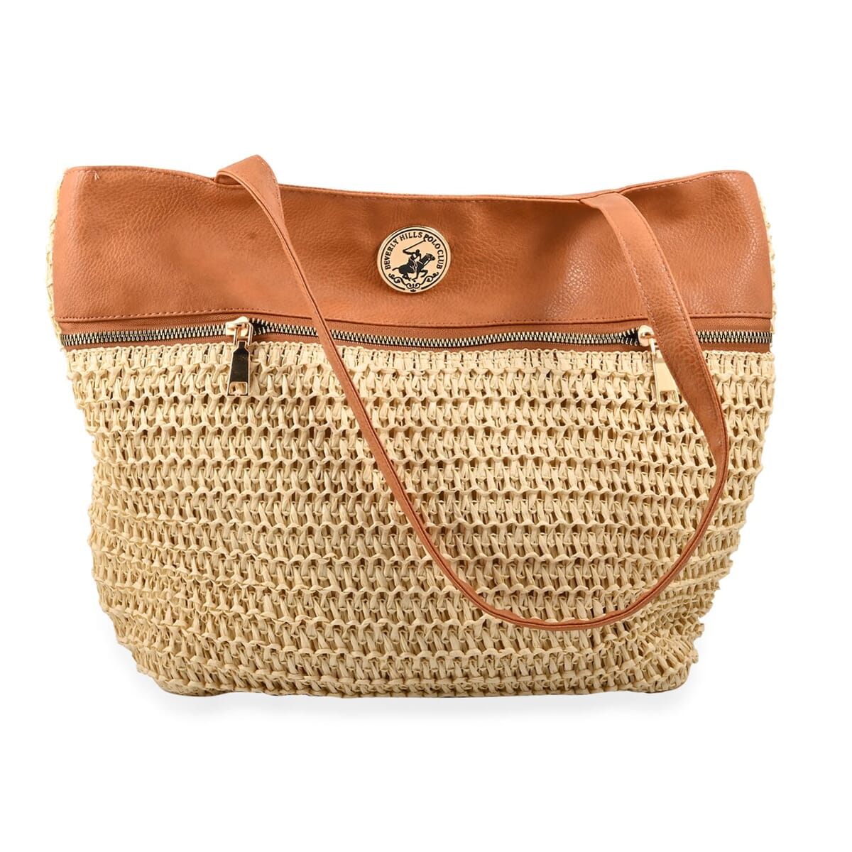 Beverly Hills Polo Club Tan & Cream Faux Leather and Straw Tote Bag image number 0