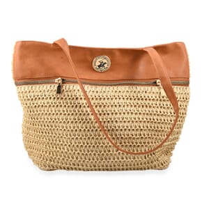 Beverly Hills Polo Club Tan & Cream Faux Leather and Straw Tote Bag