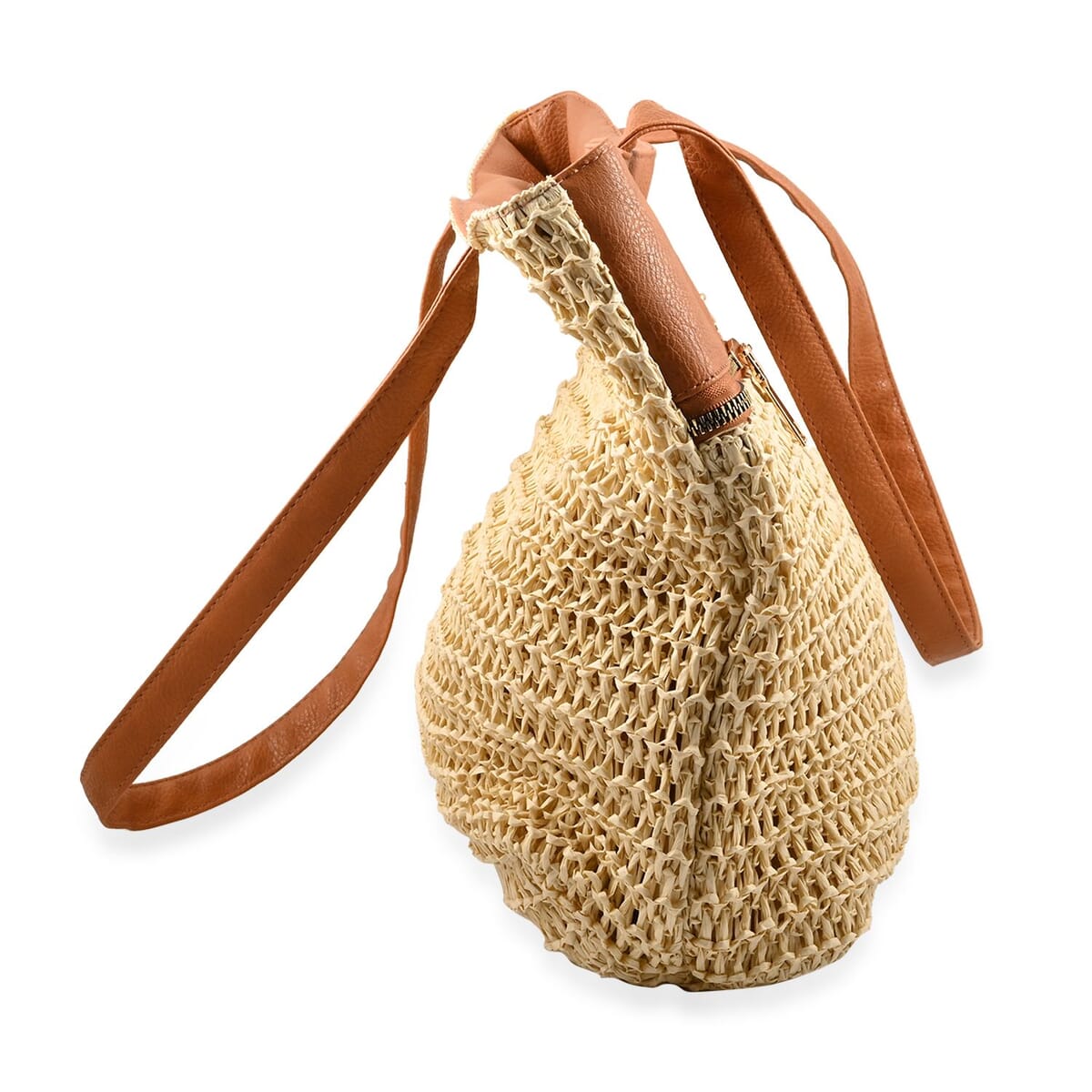 Beverly Hills Polo Club Tan & Cream Faux Leather and Straw Tote Bag image number 2
