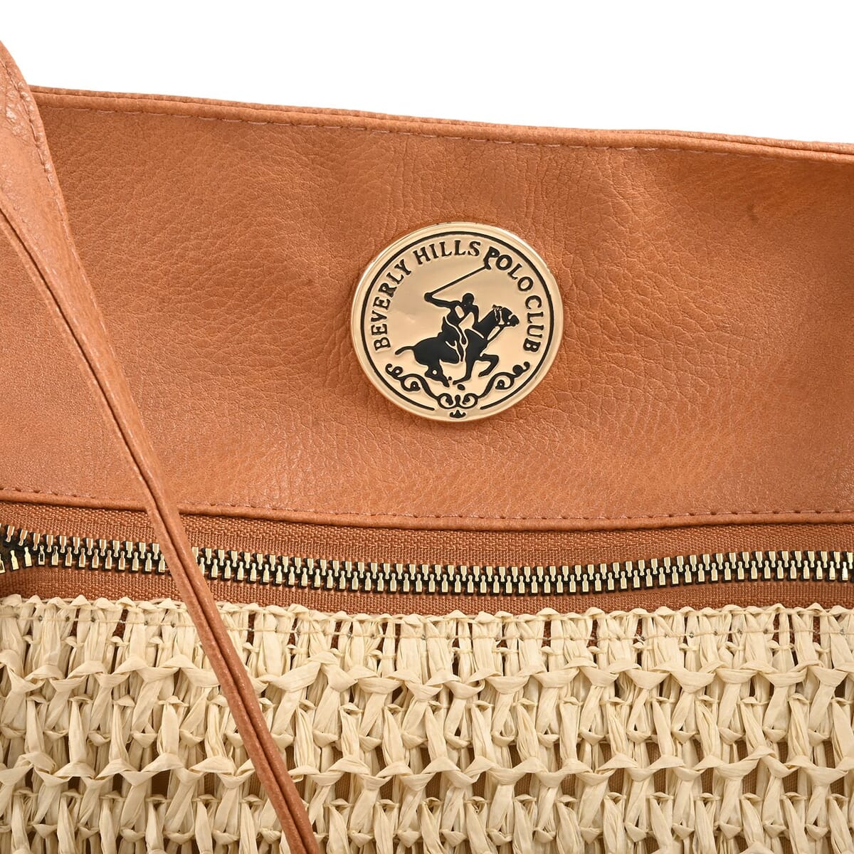 Beverly Hills Polo Club Tan & Cream Faux Leather and Straw Tote Bag image number 3