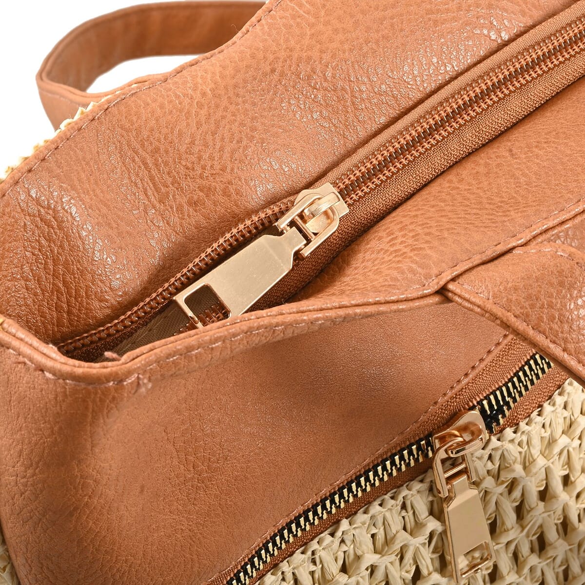 Beverly Hills Polo Club Tan & Cream Faux Leather and Straw Tote Bag image number 4