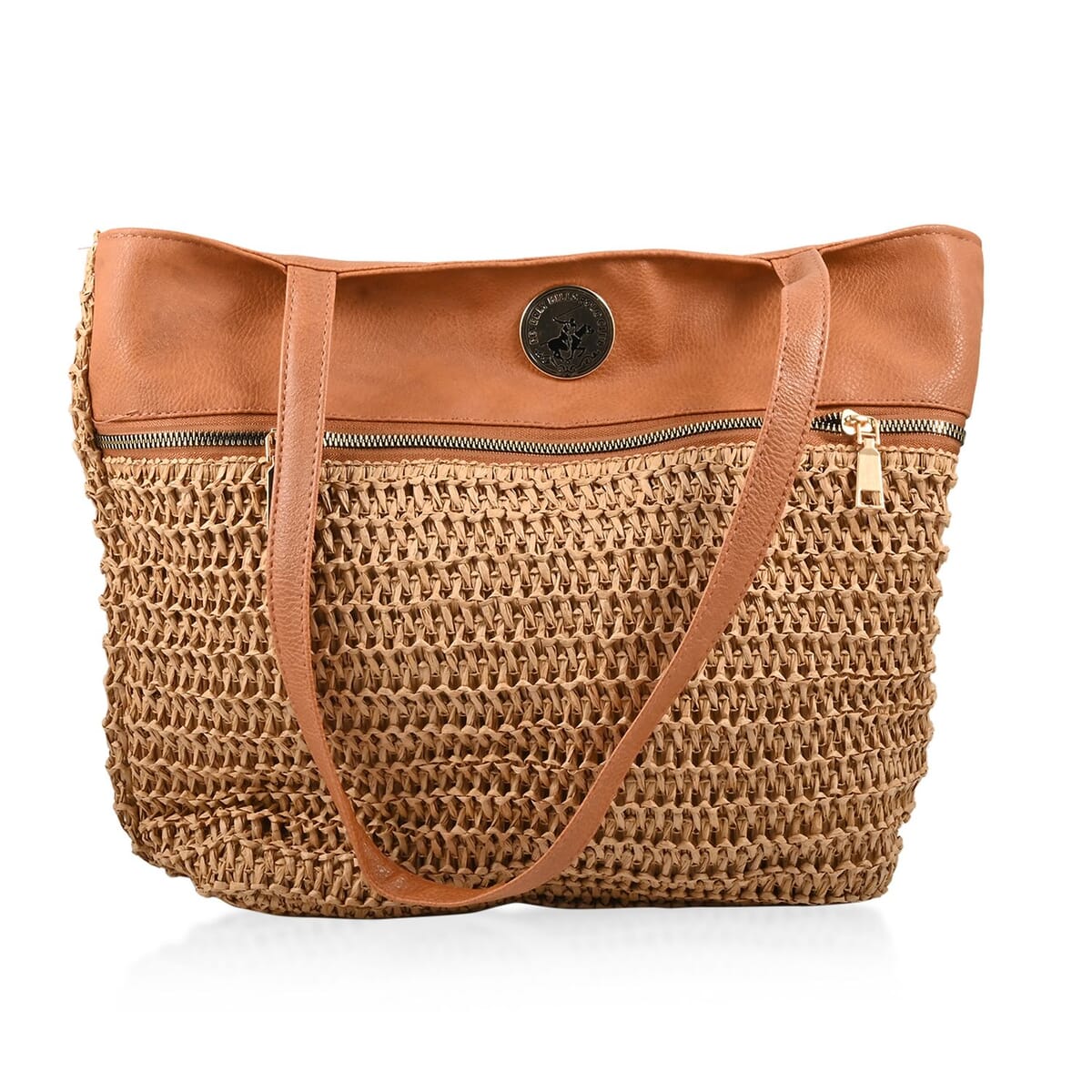 Beverly Hills Polo Club Tan Faux Leather and Straw Tote Bag image number 0