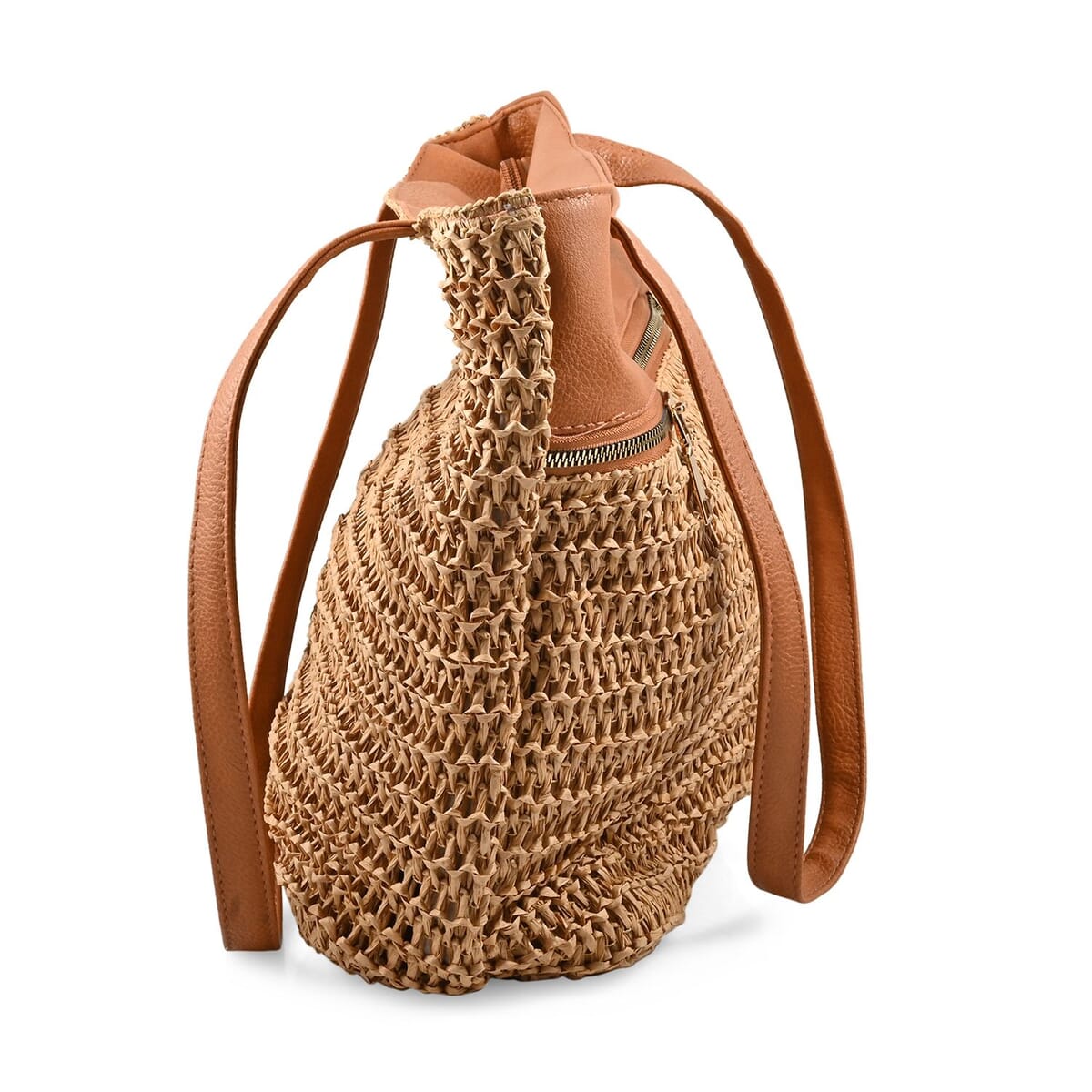 Beverly Hills Polo Club Tan Faux Leather and Straw Tote Bag image number 1