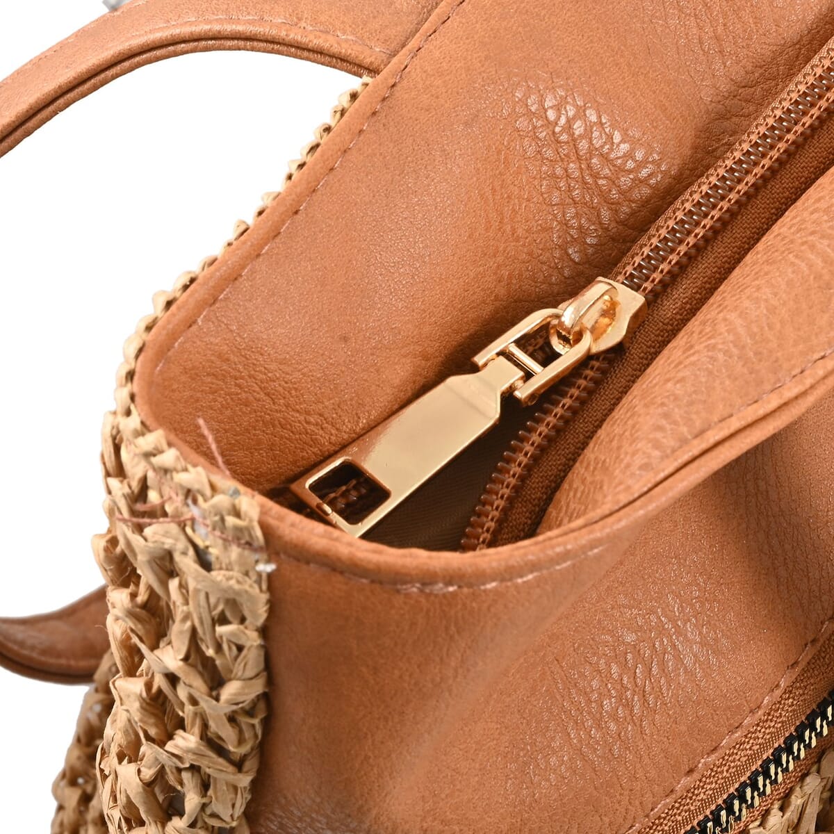 Beverly Hills Polo Club Tan Faux Leather and Straw Tote Bag image number 3